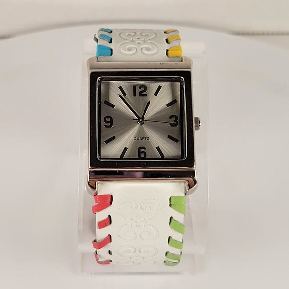 Silver Quartz Watch with Embossed Cuff White Leather Strap and Multicolor Design - Picture 3 of 16
